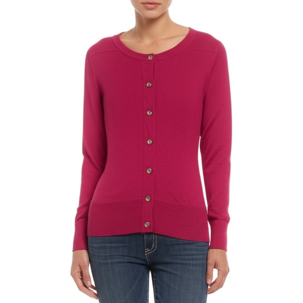 Eddie Bauer Cardigan Womens S Magenta Button Front Ribbed Round Neck Sweater
